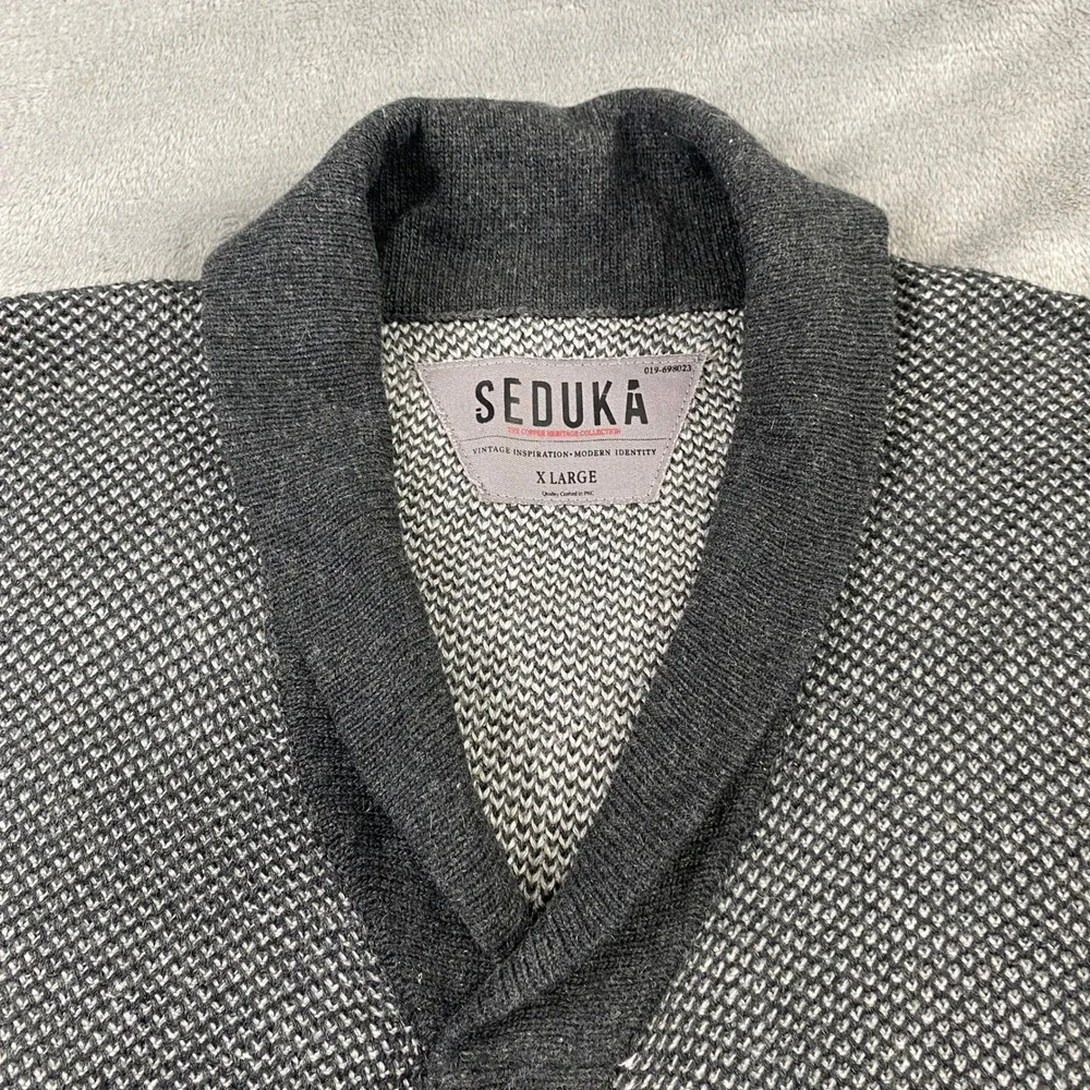 Seduka Sweater Mens XL Lambs wool Blend Shawl Collar Cardigan Elbow Patches Grey